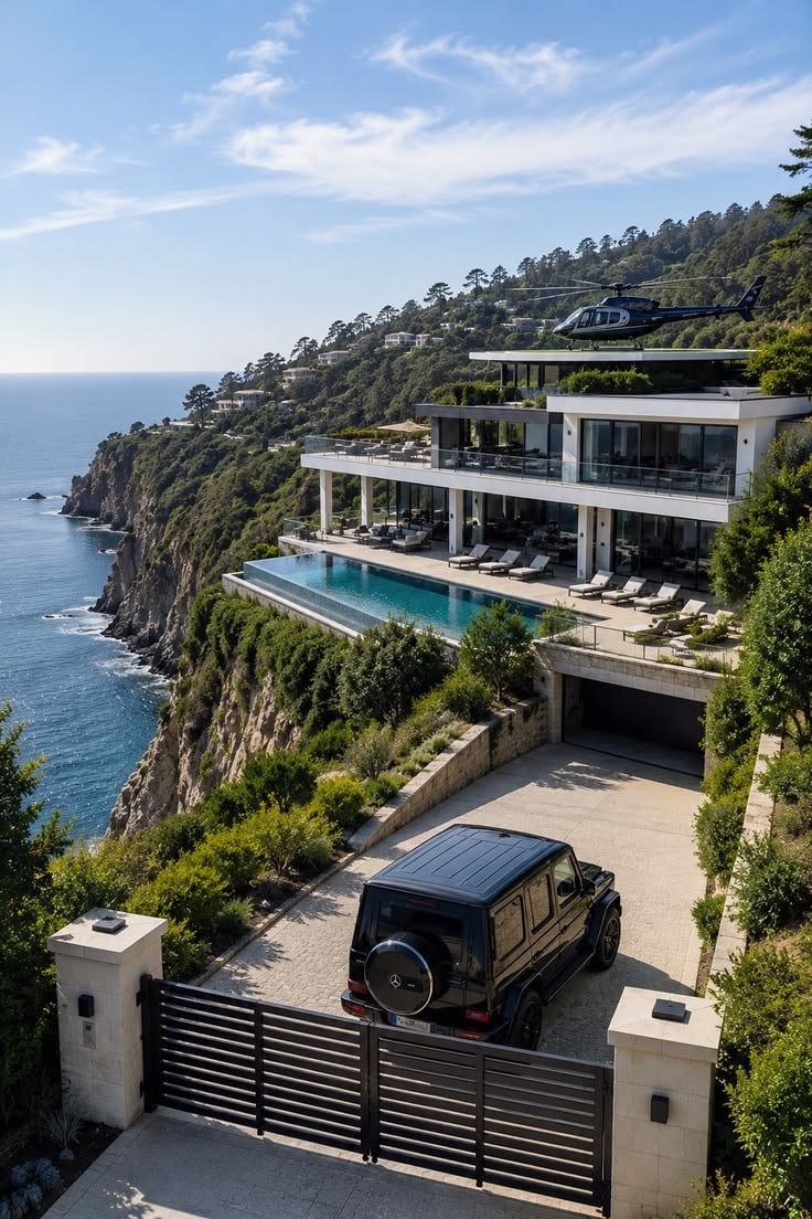 A clifftop residence above the sea, a helicopter on its terrace and a car at the gate